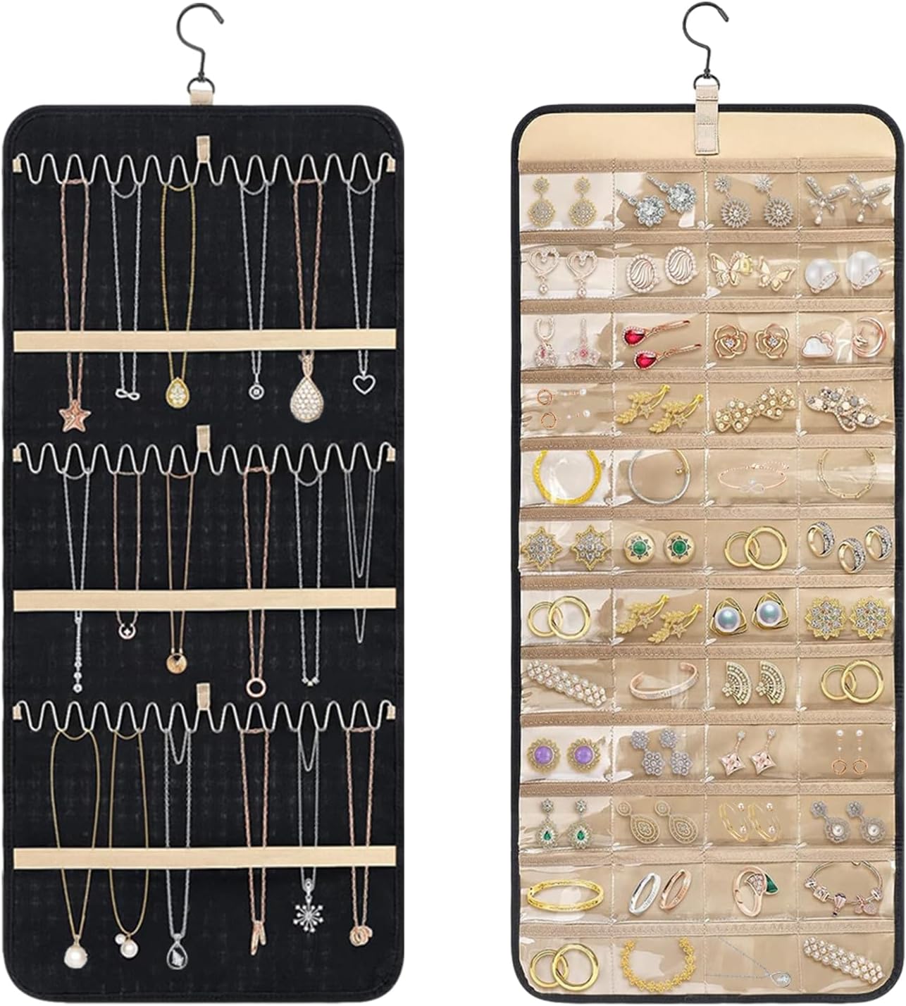 Hanging Jewelry Organizer - Double Sided with 32/48 Pockets, 14/21 Hook Loops, Foldable Travel Jewelry Roll