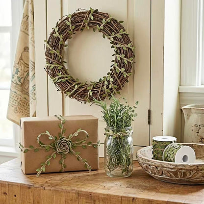XYXGFCHP Burlap Leaf Ribbon, 196Ft (2x98Ft) 5mm Natural Jute Twine with Artificial Green Leaves & Vine for DIY Crafts, Gift Wrap, Jungle Safari Party, Baby Shower, Rustic Wedding, Garden & Home Decor