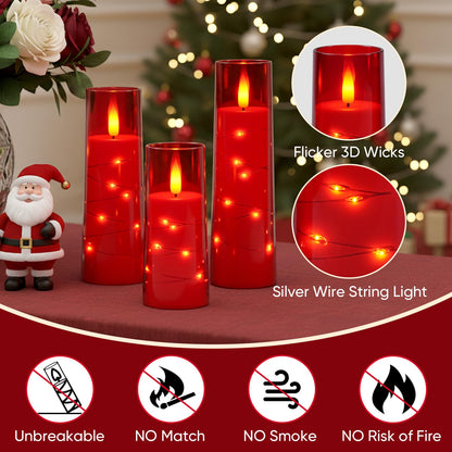 Raycare Flameless Candle with Remote Timer – 5 Flickering Acrylic Battery Operated LED Pillar Candles with Embedded Star String for Halloween, Home Decor, and as a Gift(Red)
