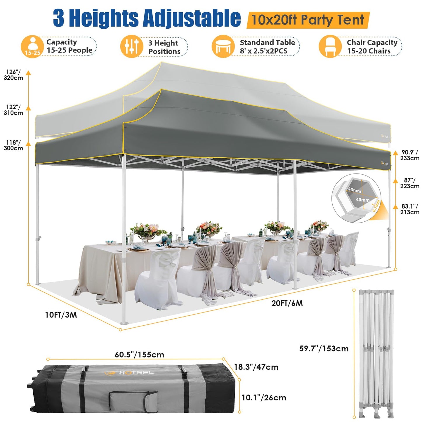 HOTEEL 10x20 Heavy Duty Pop up Canopy Tent with 6 Sidewalls, Easy Setup Outdoor Commercial Instant Gazebo for Parties Wedding Event, with Roller Bag & Sand Bags, Gray(Hexagonal Frame)