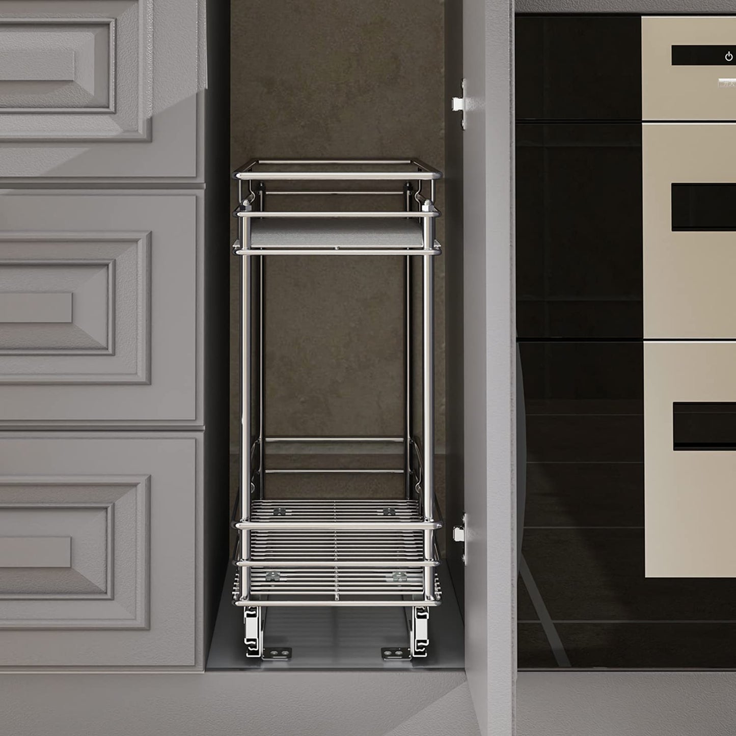 LOVMOR Pull Out Cabinet Organizer and Storage (5" W x 21" D) 2-Tier Pull Out Shelf Storage for Kitchen Base Cabinet Silver(5" W x 21" D, Silver, Roll on Top)