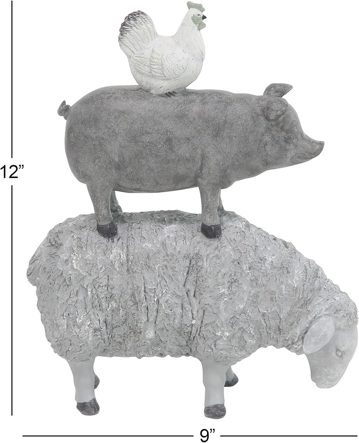 Deco 79 Polystone Farm Animals Decorative Sculpture, Stacked Home Decor Statue, 9" x 4" x 12", Gray
