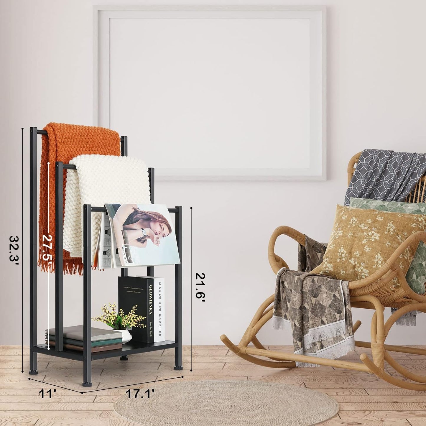 3 Free Standing Blanket Ladder Holder Rack, Tier Black Metal Towel Racks Stand with Wooden Storage Shelf, Multipurpose