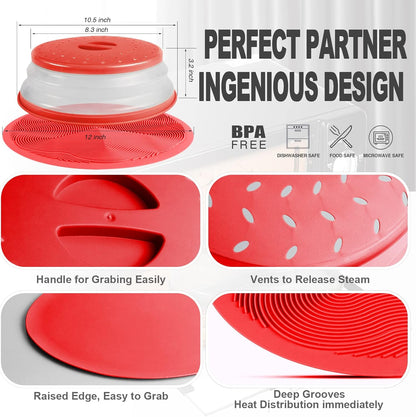 2 in 1 Aidacom Microwave Mat & Food Cover - 12" Mat as Bowl Holder, Silicone Trivet, Pot Holders, Drying, Baking, Red