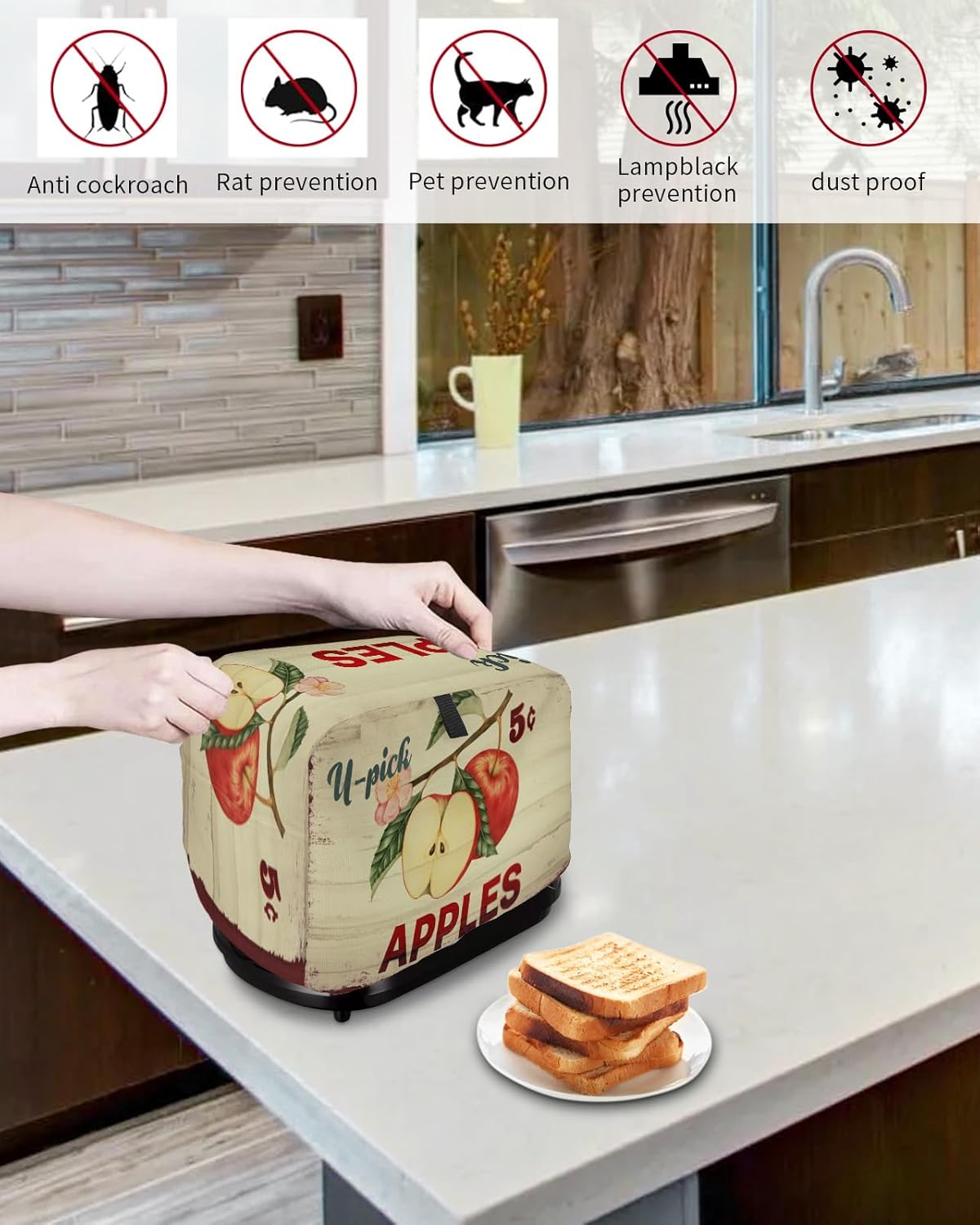 Toaster Cover, Tasty Apples 5 Cents Vintage Country Style 4 Slice, Soft Washable Dust-proof Cover with Pockets for
