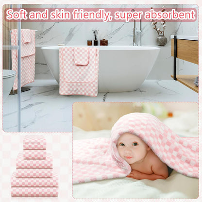 6 Set Kinlop Pcs Checkered Bath Towels Coral Washcloth Soft Fleece Quick Dry Patterned Hand Towel for Bathroom Back