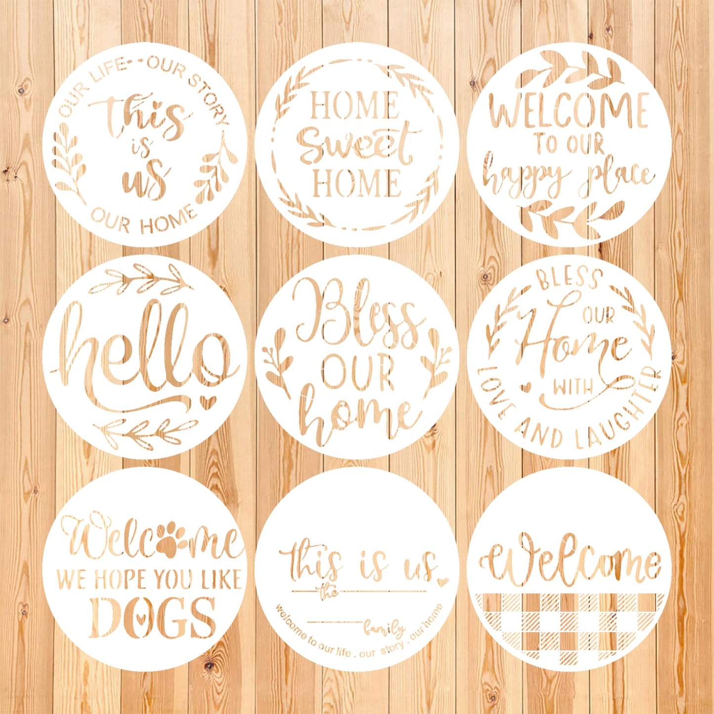 Welcome Stencils for Painting on Wood, 12” Round Stencils for Painting, Stencil for Crafts Reusable Drawing Templates for Door Hanger, Porch Wood Sign, Welcome Mat