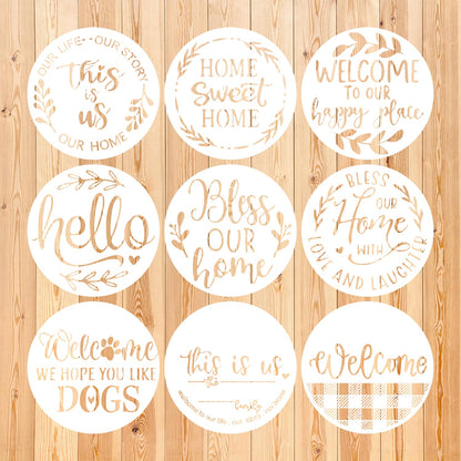 Welcome Stencils for Painting on Wood, 12” Round Stencils for Painting, Stencil for Crafts Reusable Drawing Templates for Door Hanger, Porch Wood Sign, Welcome Mat