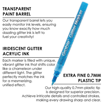 Grabie Glitter Markers, 24 Pack Extra Fine Tip Acrylic Paint Markers, Quick-Drying Water-Based Metallic Glitter Pens for Paper,Card Making, Canvas, Fabric, DIY Craft Supplies for Adult & Kids