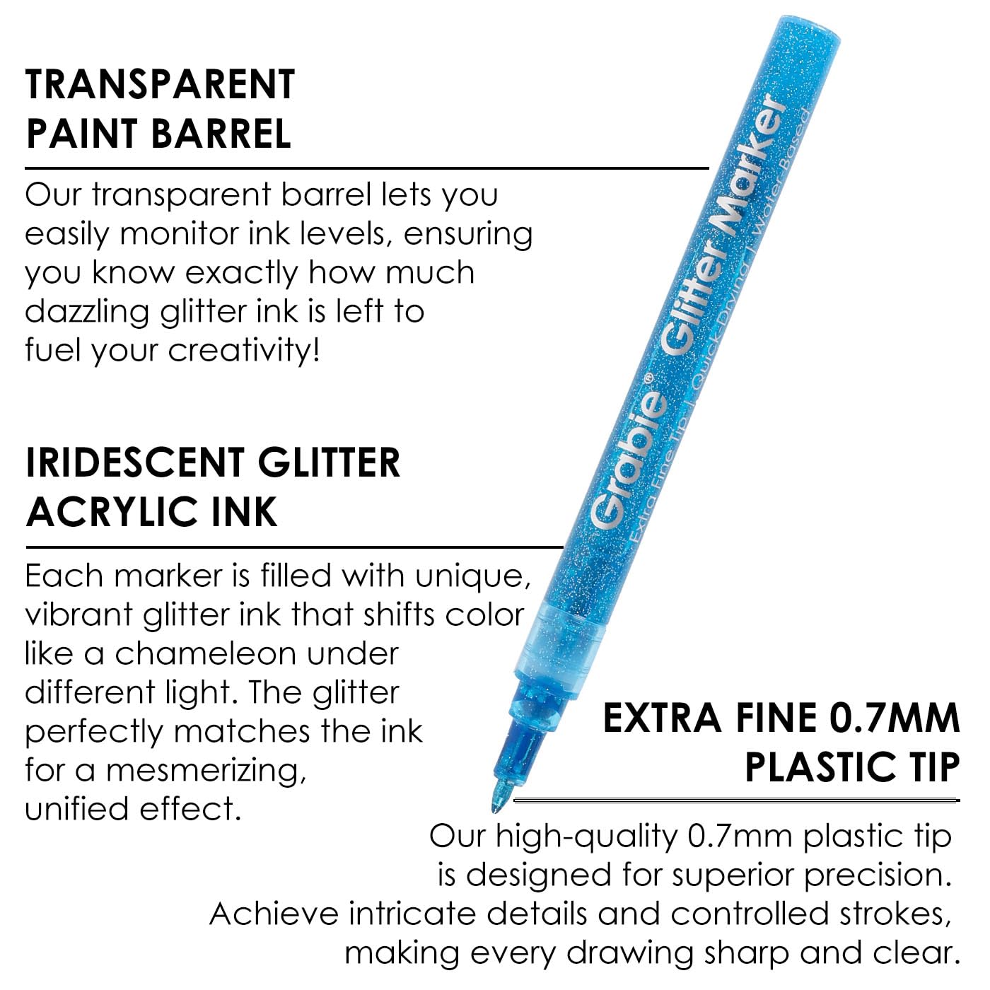 Grabie Glitter Markers, 24 Pack Extra Fine Tip Acrylic Paint Markers, Quick-Drying Water-Based Metallic Glitter Pens for Paper,Card Making, Canvas, Fabric, DIY Craft Supplies for Adult & Kids