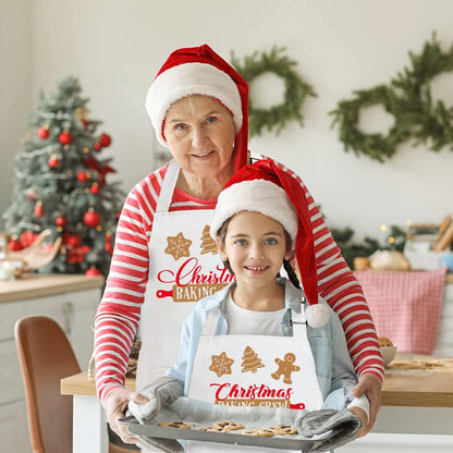 2 Pack Christmas Matching Aprons for Kids and Adults, Christmas Baking Crew, White Kitchen Aprons with 2 Pockets for