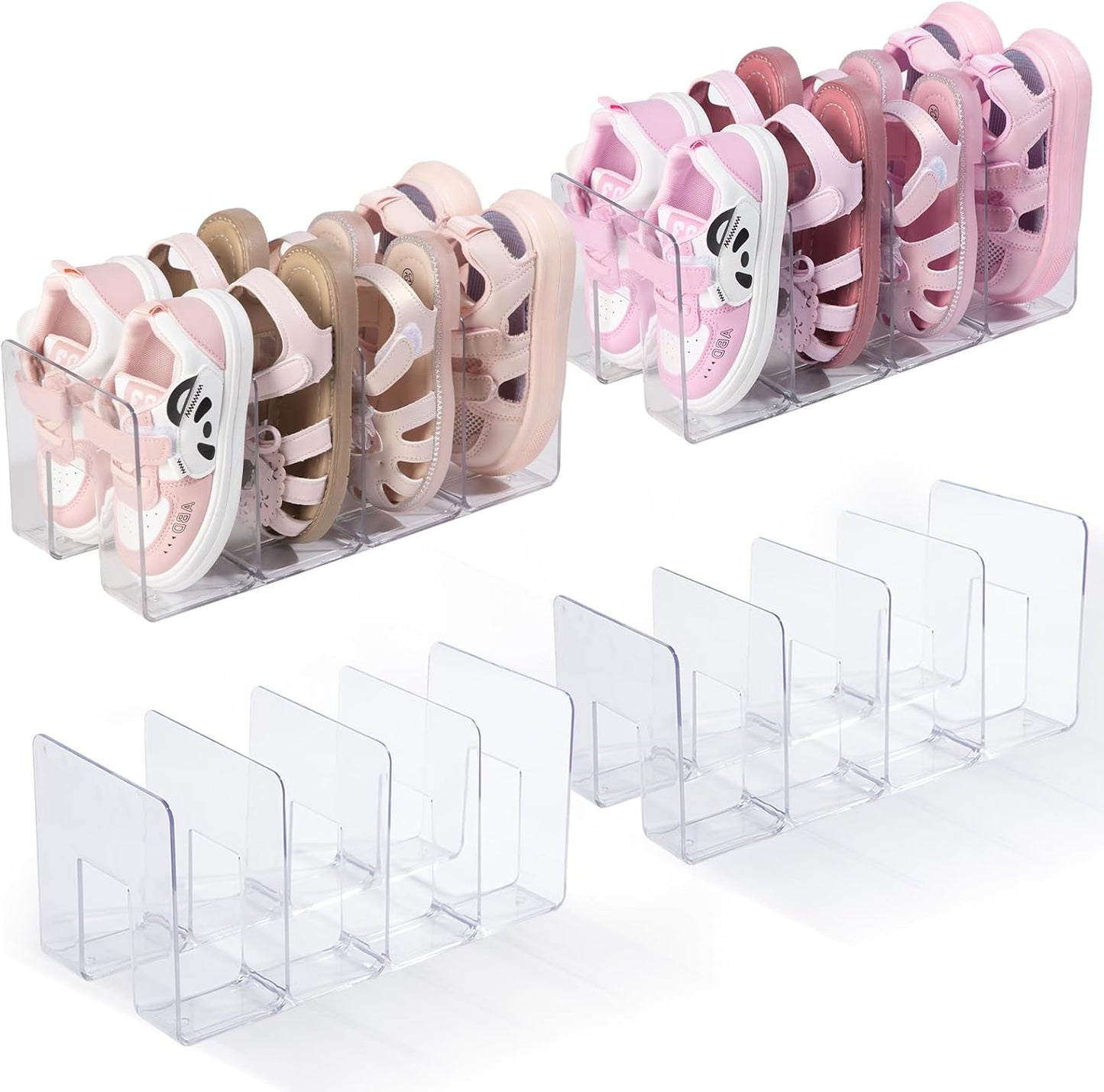 2PACK Closet 4 Clear Acrylic Kids Shoe Rack for Organizers and Storage, Small Clear Shoe Rack Sections Toddler Baby