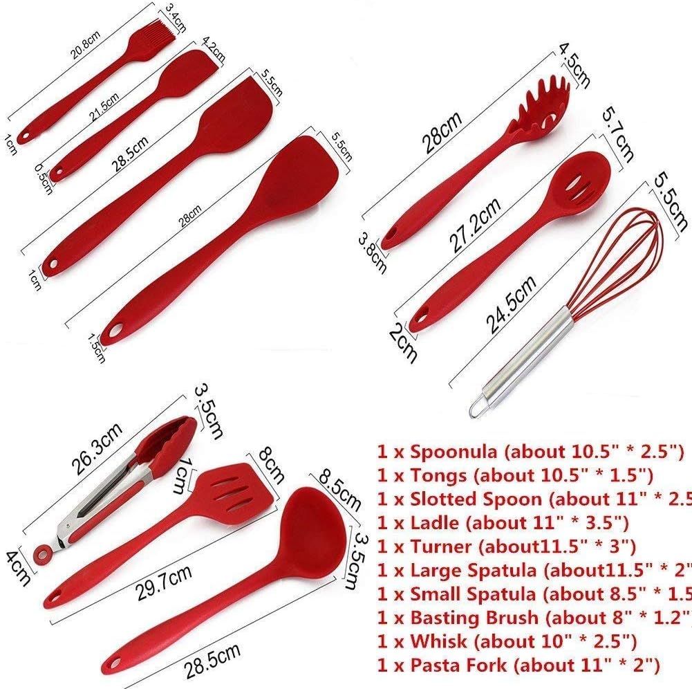 Kitchen Utensils Set, 10+1 Piece Silicone Heat-Resistant Non-Stick Cooking Tools in Red