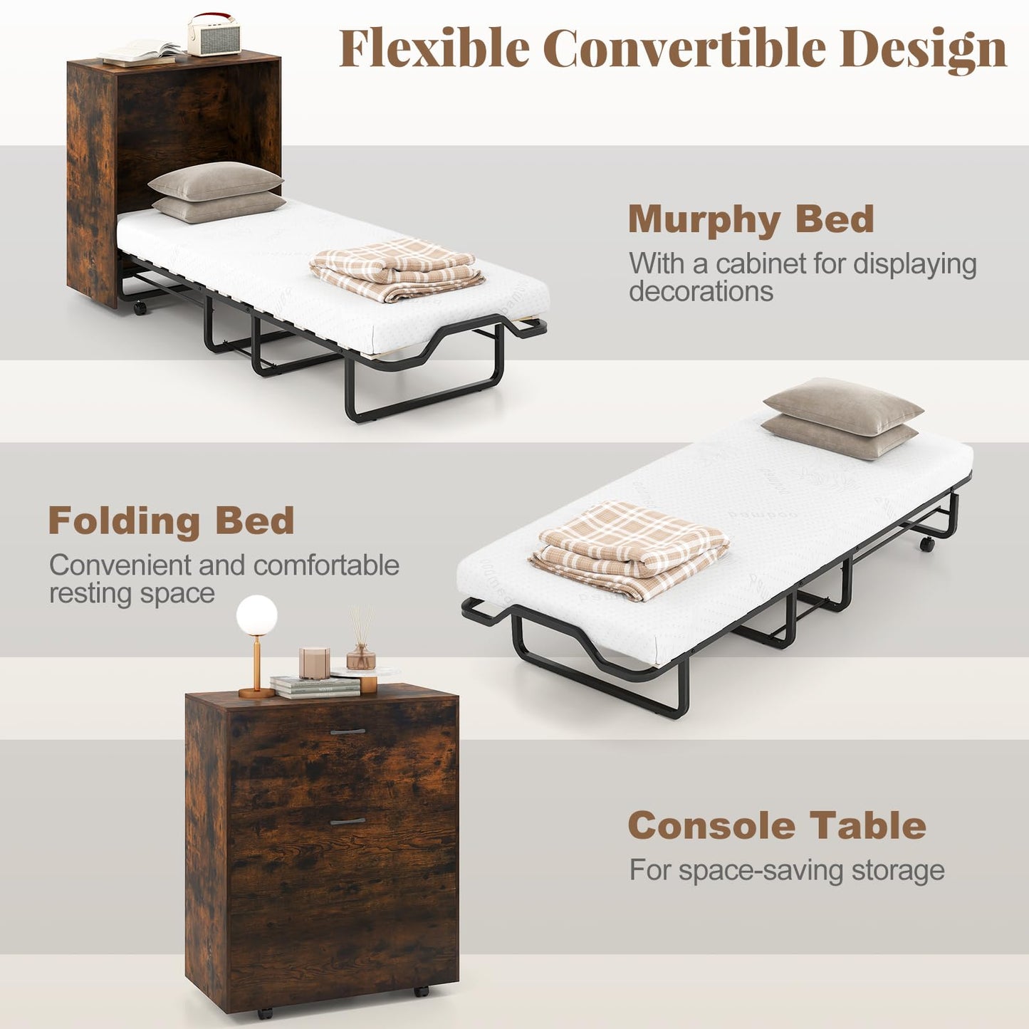 Giantex Murphy Bed Cabinet with Mattress - 74" x 31" Cot Size Folding Bed w/Storage, Metal Frame & Lockable Rolling Wheels, Space-Saving Roll Away Beds with Mattresses for Adults Guests (Rustic Brown)