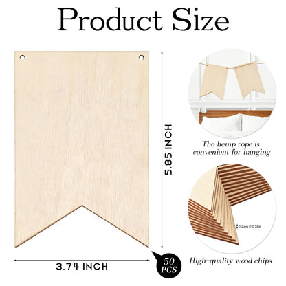 Oaklo 50 Pack Unfinished Blank Wood Signs Wooden Blocks for Crafts with Hemp Rope Wood Cutouts Plaques Flag Ornament for DIY Crafts Painting Writing Wall Decorations