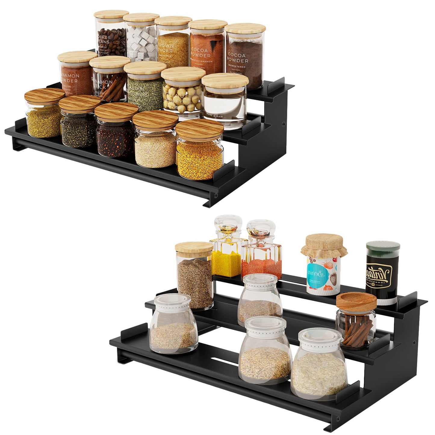 5 Tier Spice Rack for Cabinet, 2 Pack Spice Organizer, Metal Step Shelf Countertop Spice Rack for Inside Cabinets, Kitchen, Black