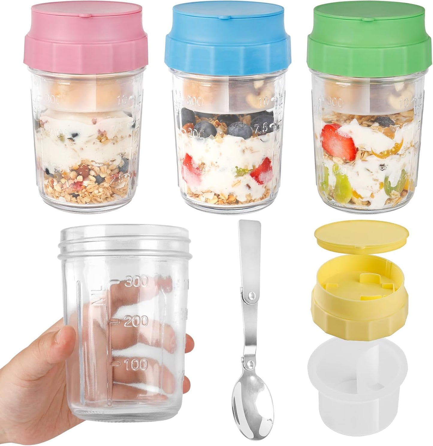 16oz 4 Pack Overnight Oats Jars, Yogurt Containers with Lids and Folding Spoons, Leak-Proof Wide Mouth Mason Jars