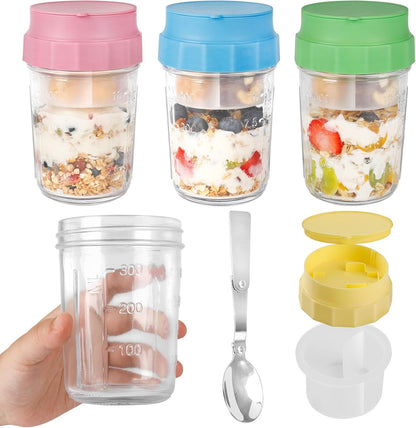 16oz 4 Pack Overnight Oats Jars, Yogurt Containers with Lids and Folding Spoons, Leak-Proof Wide Mouth Mason Jars