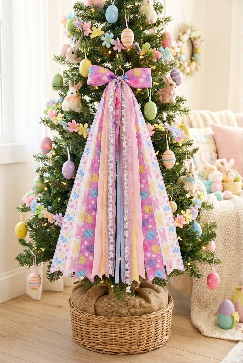YKW Easter Bow for Door with 8 Ribbons, 27.5" Spring Wreath Sash Purple Lavender Floral, Ready to Hang Front Door Decoration Metal Clip, Home Farmhouse Party Decor