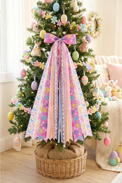 YKW Easter Bow for Door with 8 Ribbons, 27.5" Spring Wreath Sash Purple Lavender Floral, Ready to Hang Front Door Decoration Metal Clip, Home Farmhouse Party Decor
