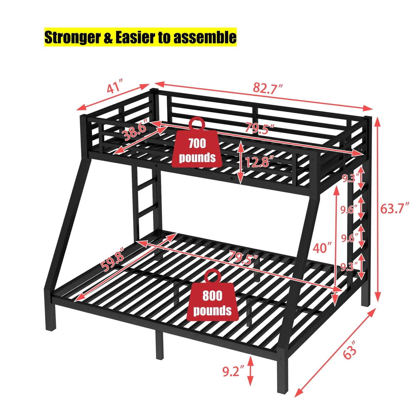 LEEKAF Stronger & Higher Quality Heavy Duty Metal Bunk Bed Twin XL Over Queen Size Bunkbed, Thickened Safer More Stable Steel Queen Bunk Bed (Faster Assembly) (Twin XL Over Queen)