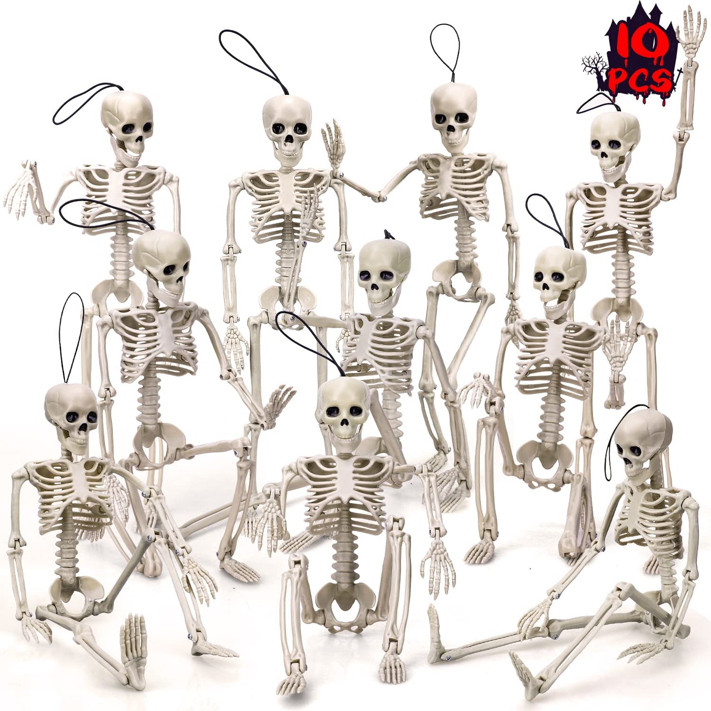TOY Life 16" Posable Halloween Skeleton Decor - 10 Pcs Full Body Joints for Outdoor Indoor Decorations, Hanging Plastic Skeletons