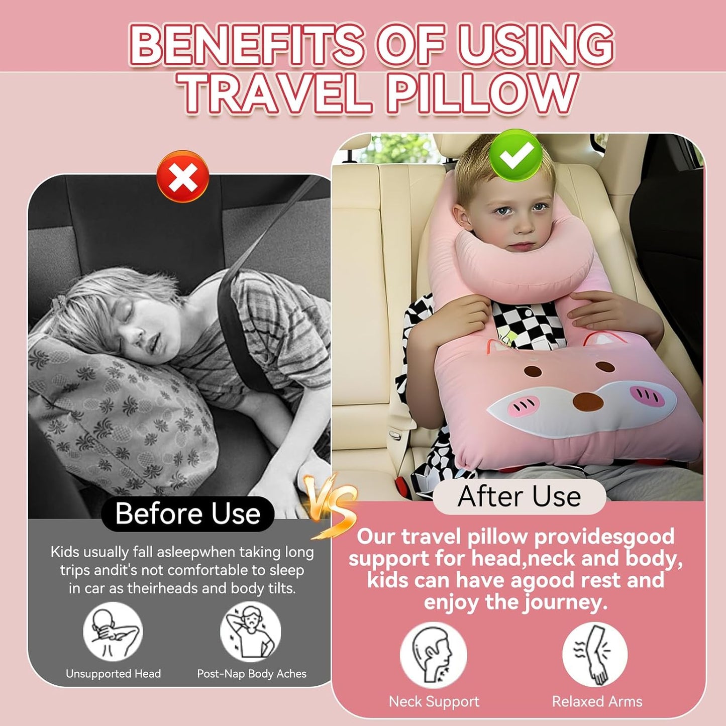Longhuo Travel Pillow,Car Pillow Kids Car Seat Pillow U Shaped Pillow for Travel Skin-Friendly Material The Sleeping