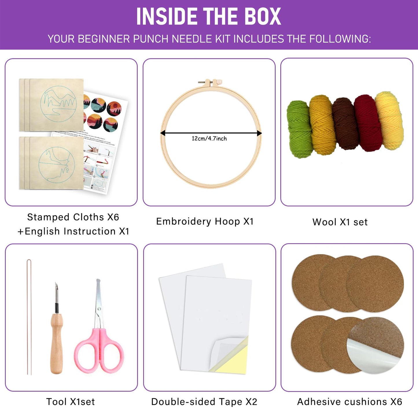 Punch Needle Coasters Kit for Beginners Adults, 6 Pattern Embroidery Scenery Punch Needle Kits, Scenery Punch Decoration DIY Kit with Patterns, Tools, Yarns, Hoop, Instruction Art Craft Supplies