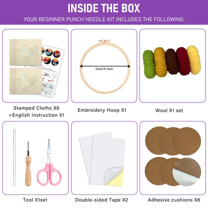 Punch Needle Coasters Kit for Beginners Adults, 6 Pattern Embroidery Scenery Punch Needle Kits, Scenery Punch Decoration DIY Kit with Patterns, Tools, Yarns, Hoop, Instruction Art Craft Supplies