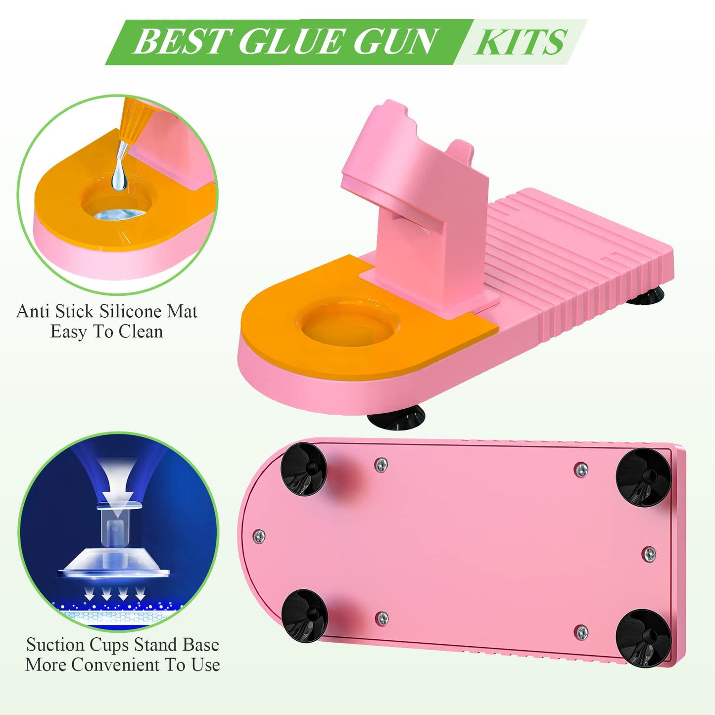MONVICT Pink Hot Glue Gun Kit, Mini Glue Gun with Suction Cups Stand Anti Stick Silicone Mat, Hot Melt Glue Gun with Fine Tip & 30 Glue Sticks, On/Off Switch Design for DIY, Craft, Home School Project