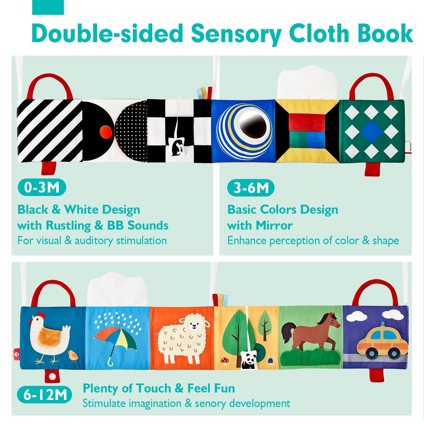 hahaland Baby Toys 0-6 Months - High Contrast Newborn Toys - Baby Tummy Time Books 0-6 Months with Crinkle, Squeaky Sounds, Touch Feel, Visual Stimulation - Baby Shower Gifts