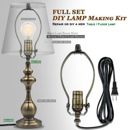 Lamp Rewire Kit - 3-Way Socket With Matching Cord and Harp Set for Table or Floor Lamp Repair, Essential Hardware for DIY Design (Antique Brass, 1)