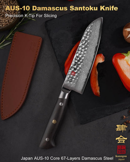 kanngou Japanese Chef Knife Kitchen Knife with 67 Layers Damascus Steel AUS-10 Core, Professional Damascus Knife with Full-Tang Ebony Wood Handle and Premium Gift Box (7 Inch Santoku Chefs Knife)