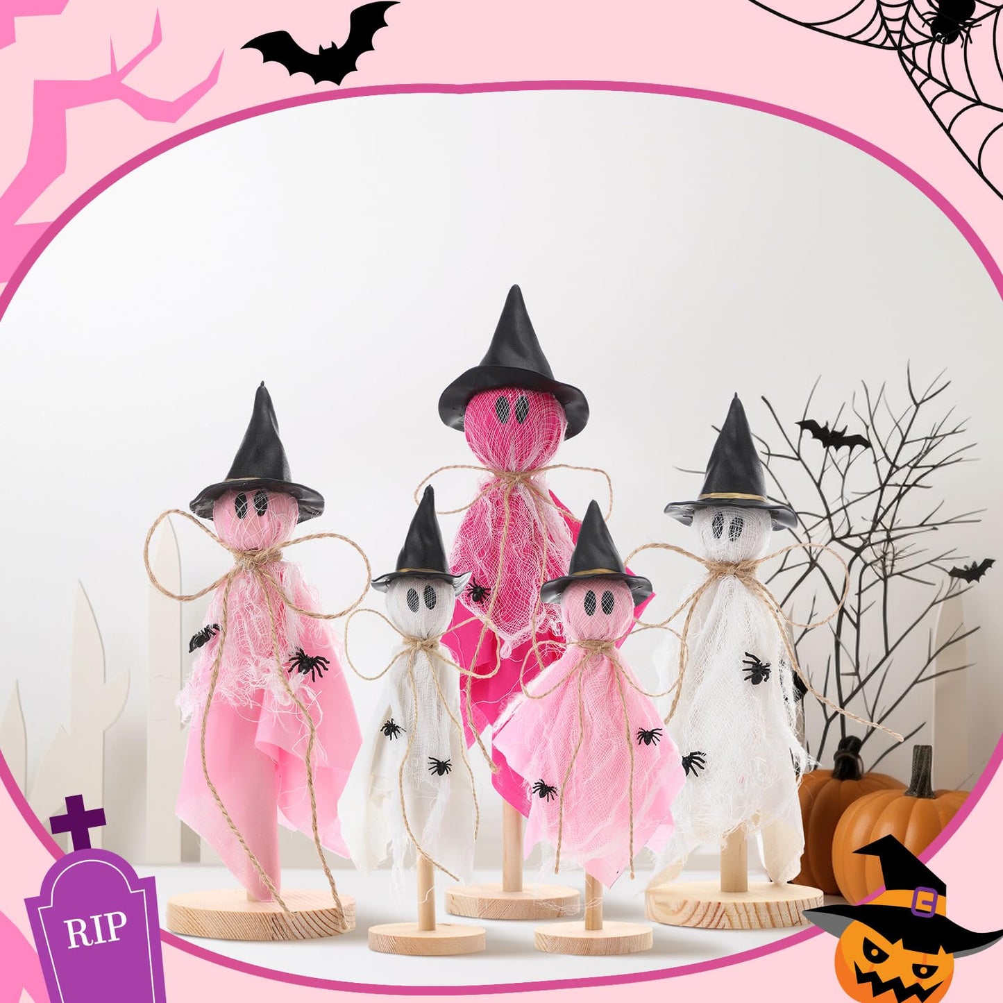 Kathfly 5 Pcs Halloween Ghost Decorations Indoor Primitive Halloween Ghosts with Witch Hat Wooden Stand Pink Ghost Wooden Centerpieces for Home Office Table Tiered Tray Mantel Party Decor