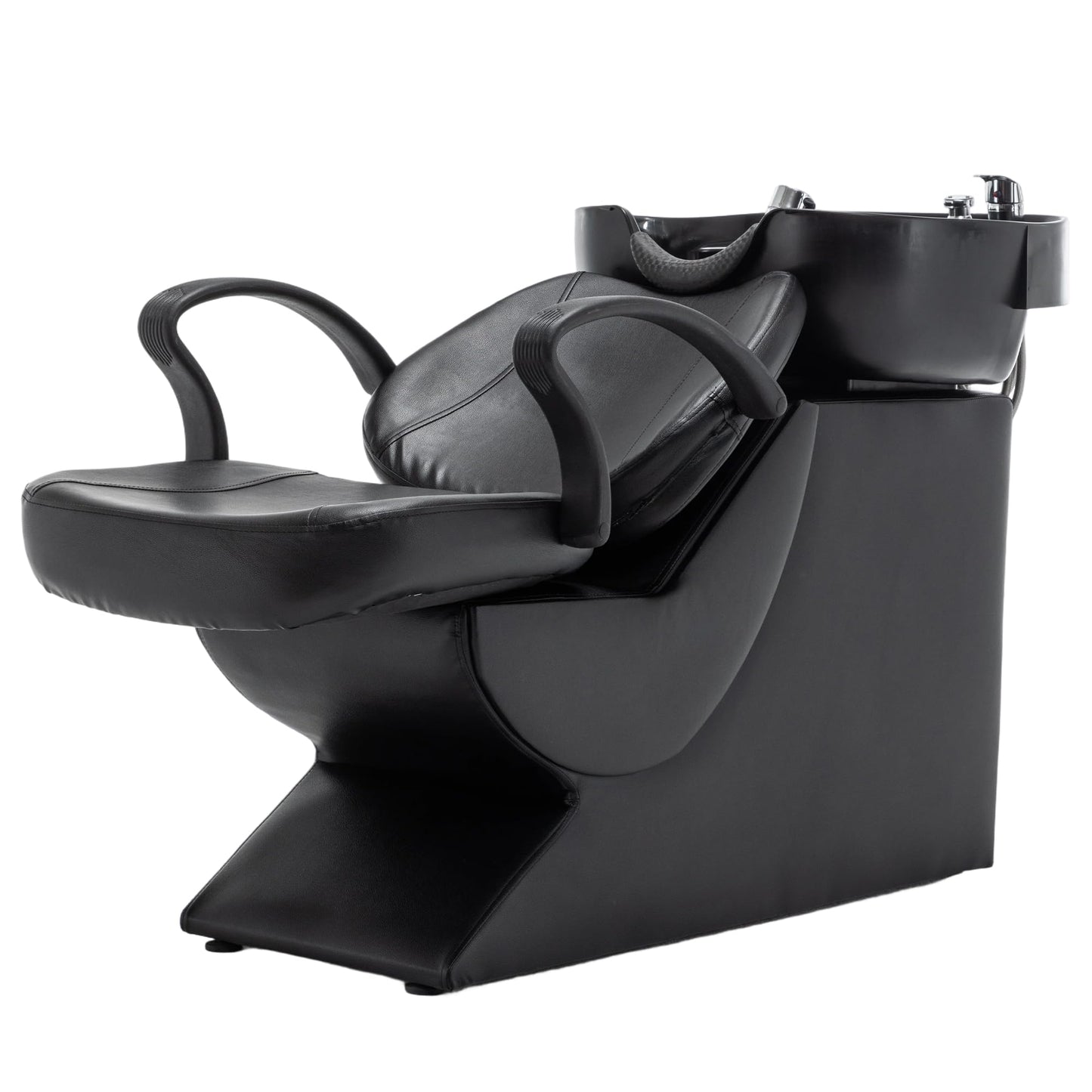 KEIKI Shampoo Bowl and Chair Set for Salon, Hair Washing Station with ABS Sink & PU Leather Chair, Ergonomic Chair with Neck Rest, Side Storage, Hot/Cold Faucet & Sprayer for Spa, Black