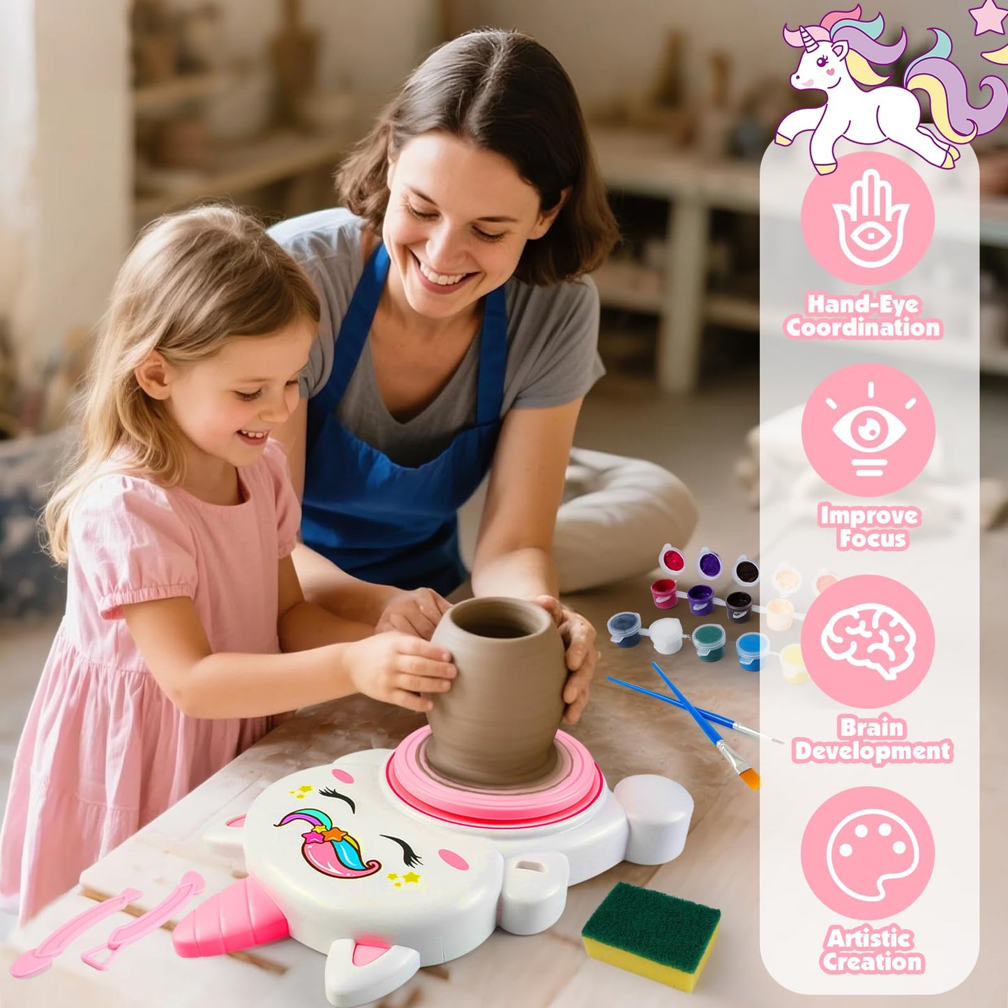 Pottery Wheel Kit for Kids with Glow Paints, Complete Pottery Arts Crafts Toys for Girls 8-12, Art Supplies for Kids 6 7 8 9 10 11 12 Toys Girls Birthday with Drawing Molds Tablecloth Air Dry Clay