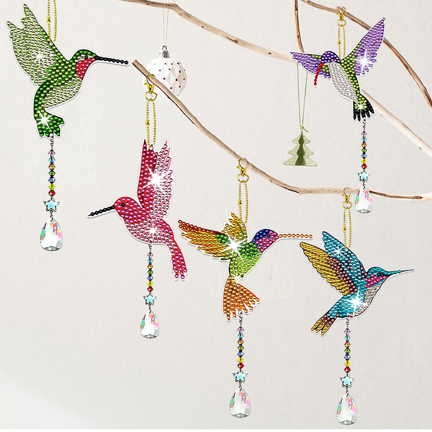 JeCuiK 6 Pcs Diamond Painting Wind Chimes Rhinestone Hummingbird Diamond Art Suncatcher Double Sided 5D DIY Diamond Painting Kits for Adults Christmas Ornament Best Gifts for Mother
