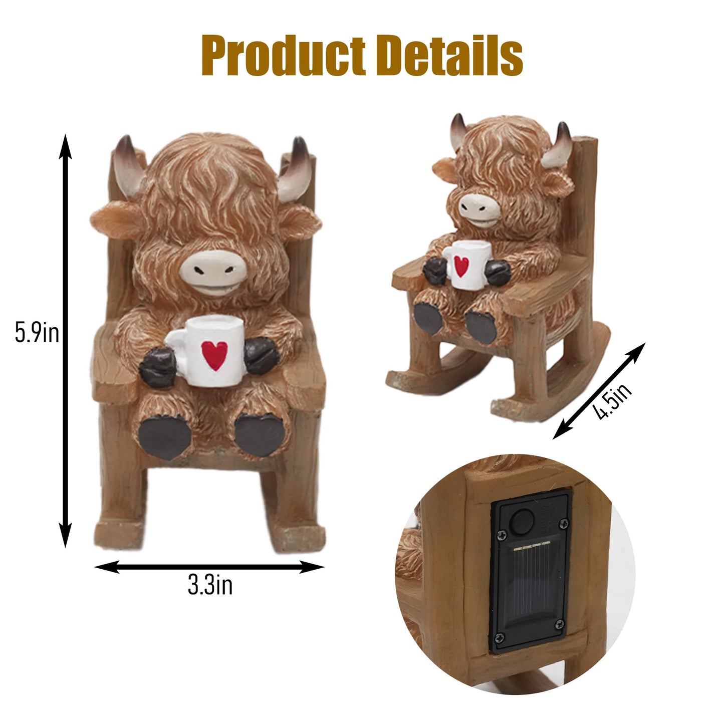 LIULO TOOL Solar Powered Miniature Highland Cow Decor, Fairy Garden Accessories, Outdoor Lights Solar Figures for Outdoor Garden Yard, Gift for Mom Grandma