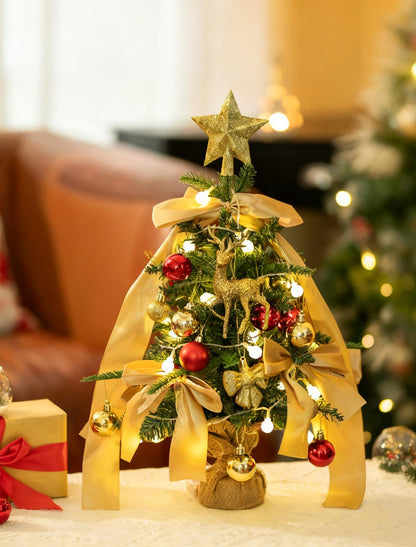 BLOSMON Small Christmas Tree with Lights: 2ft Mini Table Top Christmas Tree with 25 LEDs Timer Gold Ribbon Bow Reindeer for DIY- Lighted Artificial Xmas Trees for Home Office Desk