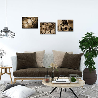 LyerArtork 3 Piece Steampunk Industrial Engines Wall Art Canvas Prints Sepia Retro Gear Wheel Mechanical Pictures Artwork Wall Decor for Office Living Room Stretched and Framed 12x16inchx3