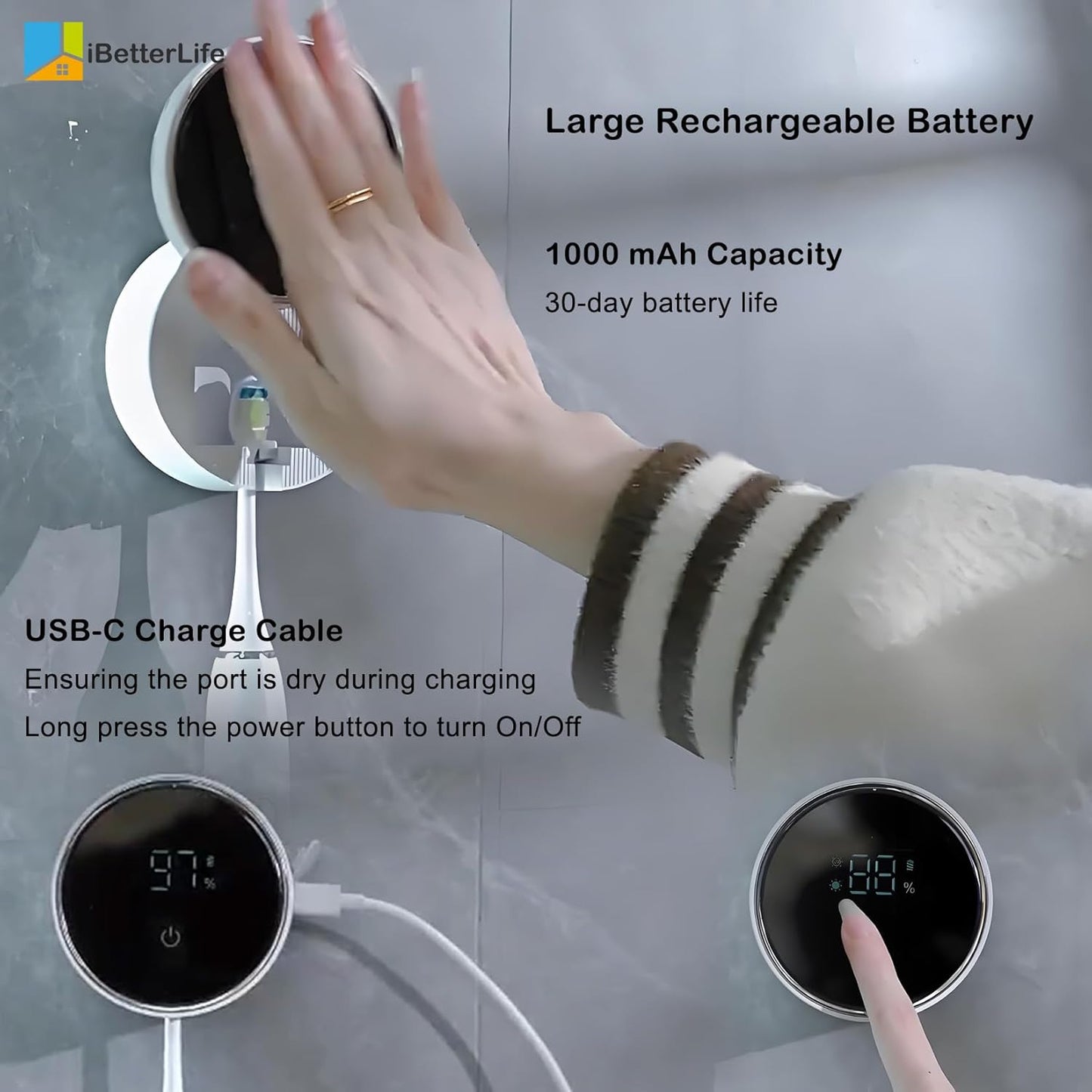 Toothbrush Holders Cleaner & Dryer for Bathroom - Mirror Wall Mounted [Rechargeable, Auto Sensor Open/Close Lid, LED
