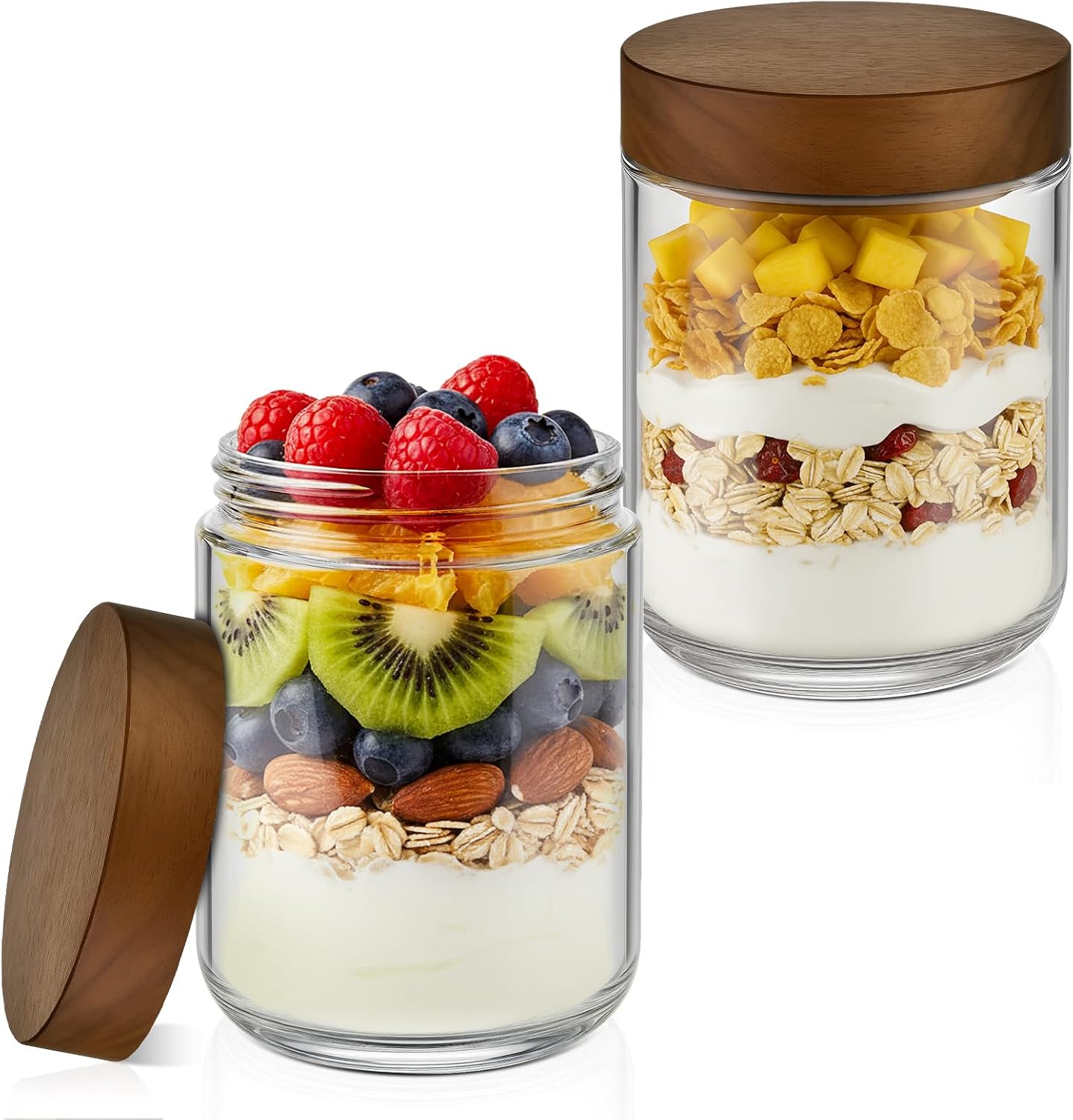16 oz 2-Pack Bumobum Overnight Oats Containers with Lids, Glass Mason Jars with Acacia Wood Airtight Lid, Wide Mouth