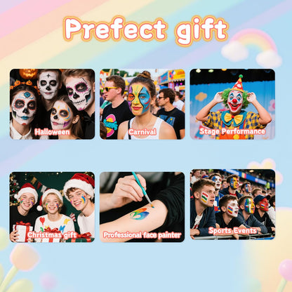 Professional Face Painting kit 110 Colors Split Cake Face Paint 96 pcs Set Non-Toxic Washable & Safe with Brushes Sponges Glitter Stencils for Halloween Makeup Kit for Pro Face Painter full kit