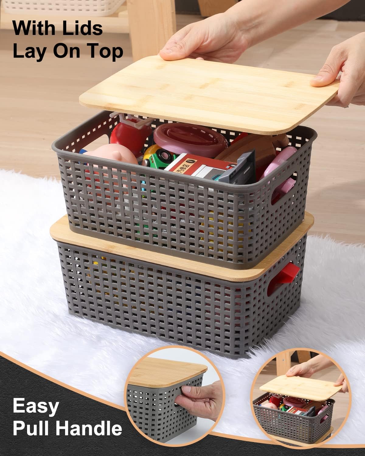 Storage Bins with Bamboo Lids - Set of 6 Lidded Plastic Baskets for Organizing Kitchen, Bedroom, Office, Closet