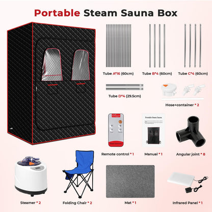 Morfone 2 Person Portable Infrared Steam Sauna with 660nm Red Light Therapy Lamp & 2 Steamers 2 Folding Chairs, Full Body Sauna Spa Tent at Home for Relaxation, 71"x 49"x 36",Black