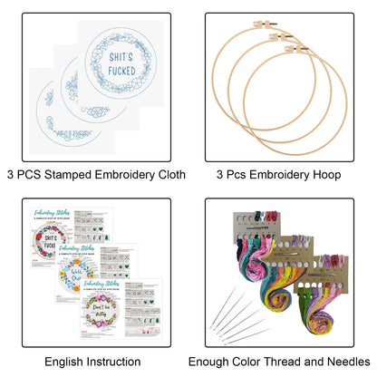 Louise Maelys 3 Sets Funny Embroidery Kits for Beginners,Cross Stitch Kit for Adults,DIY Starters Needlepoint with Flower Wreath Pattern,Including Instruction and Threads