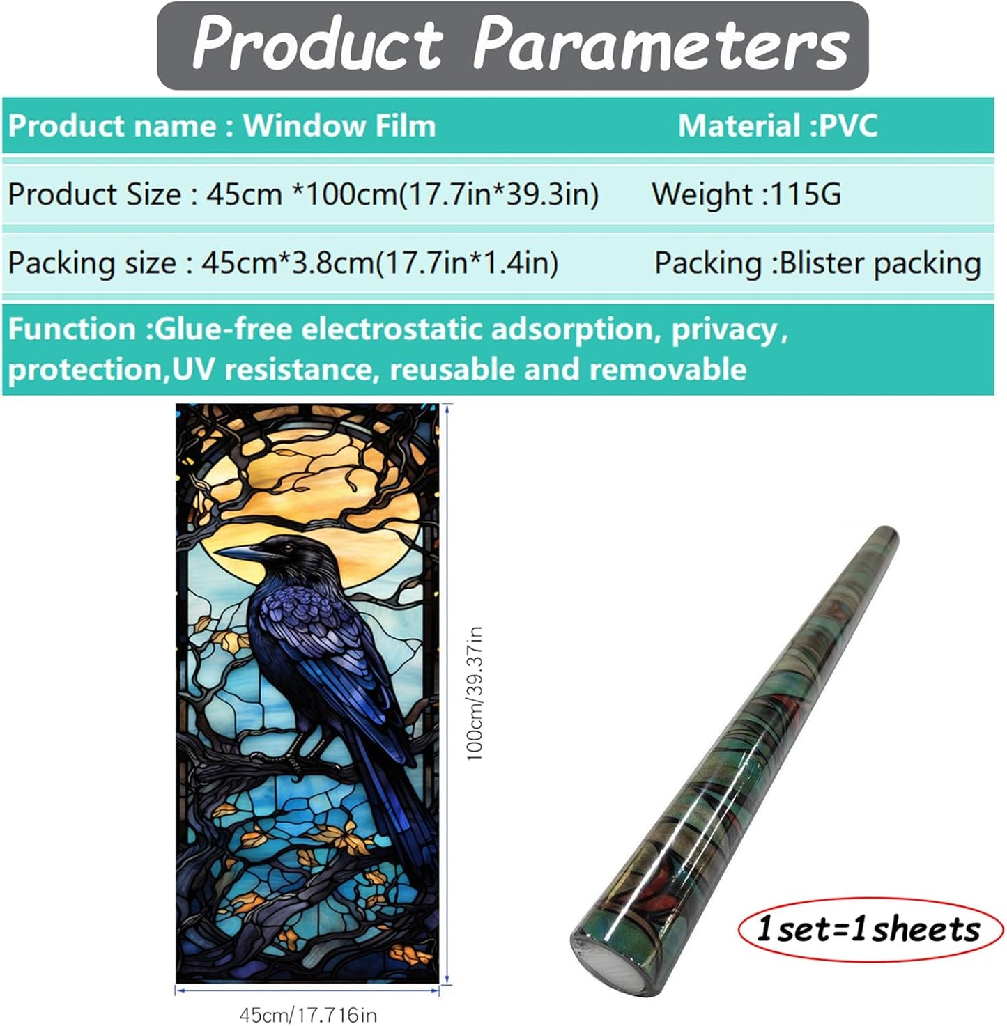 Window Privacy Film, Crow Stained Glass Window Film, Frosted Glass Cling, Heat Blocking Static Cling, 17.7"x39.5"