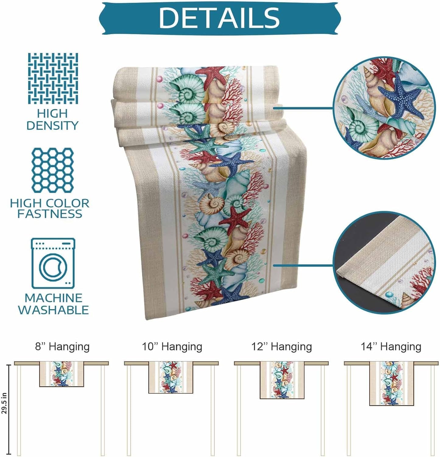 Lsrtoss 70 Inches 13" 70" Rustic Coastal Table Runner Long, Nautical Starfish Farmhouse Dress Scarves, Beach Coral