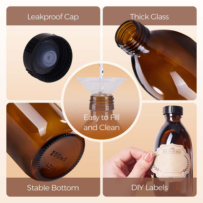 12 Pack, 8 OZ Amber Glass Bottles with Caps Leakproof Refilllable Empty Brown Boston Sample Dispensing Bottles for Homemade Vanilla Extract, Essential Oils, Potion, Juice, Ginger Shots, Liquids