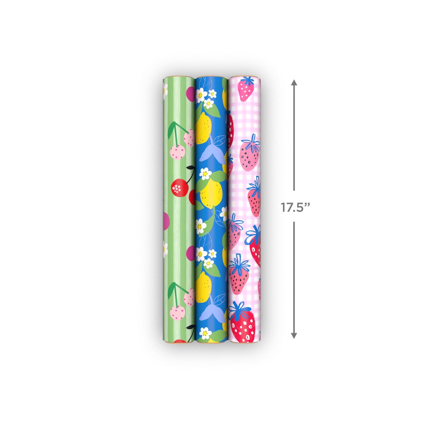 Hallmark Strawberry Scented Wrapping Paper Mini Rolls, 3-Pack (Strawberries, Lemons, Cherries) for Birthdays, Easter, Mother's Day, Bridal Showers, Any Occasion - 45 Sq. Ft. Total